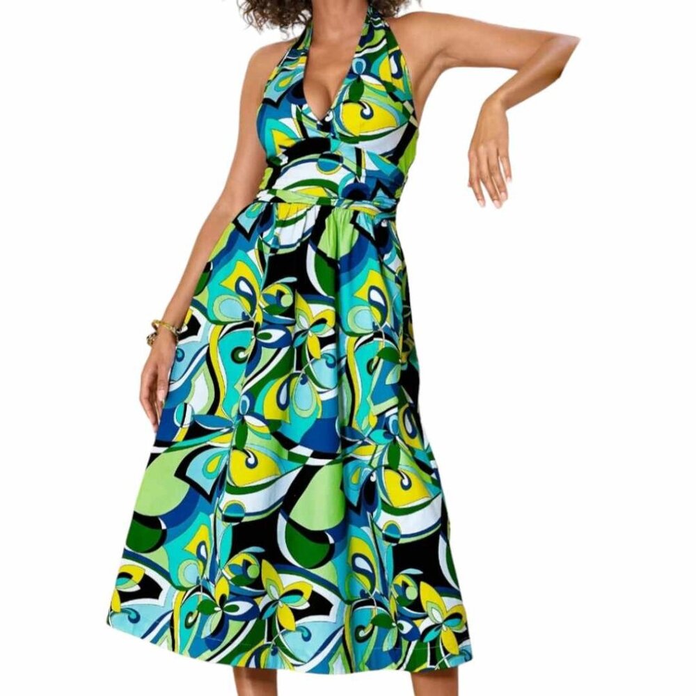 NWT Boston Proper Halter Sundress Midi Size 14 95% Cotton Blue Green Yellow